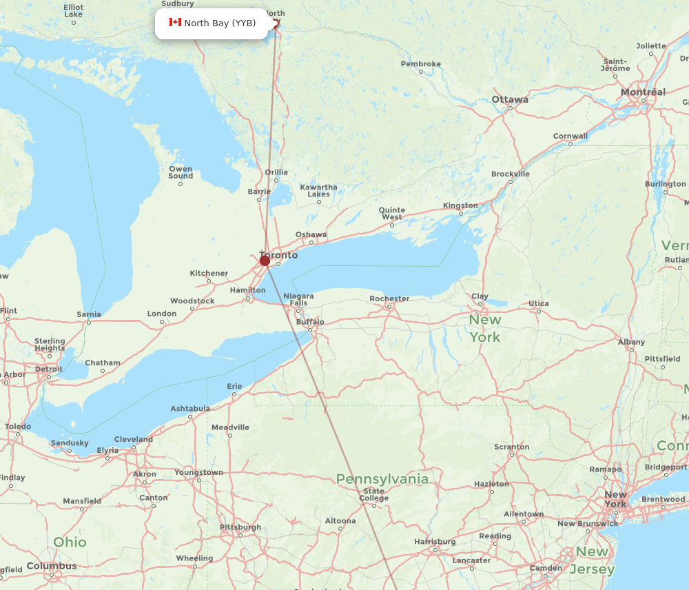 North Bay - Washington route map and flight paths
