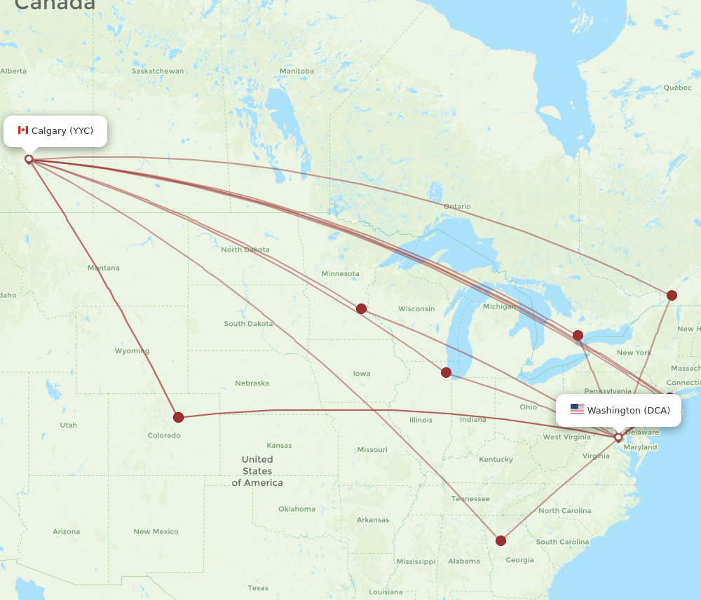 YYC to DCA flights and routes map
