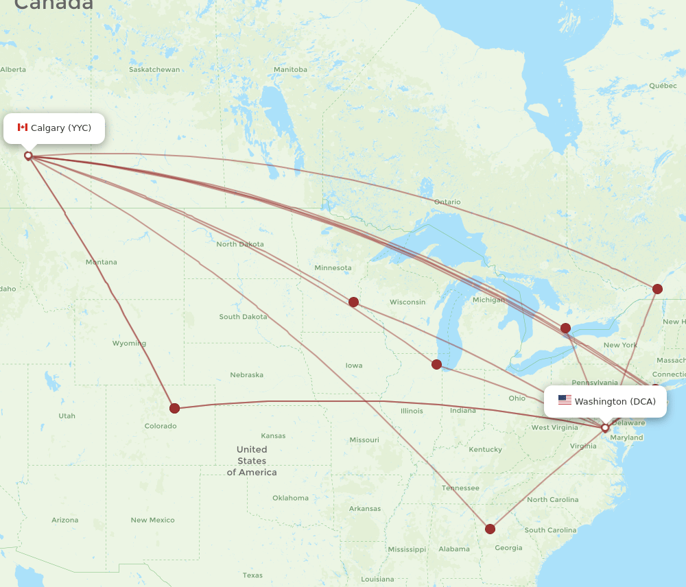 Calgary - Washington route map and flight paths
