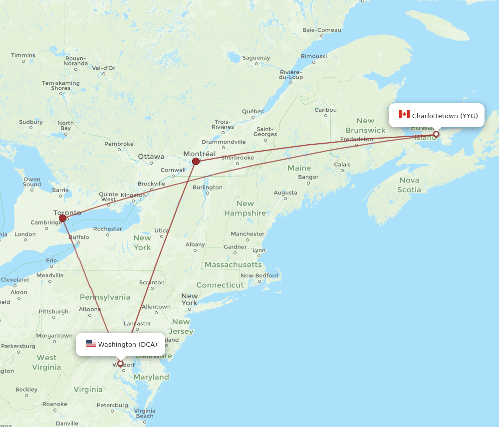 DCA-YYG flight routes