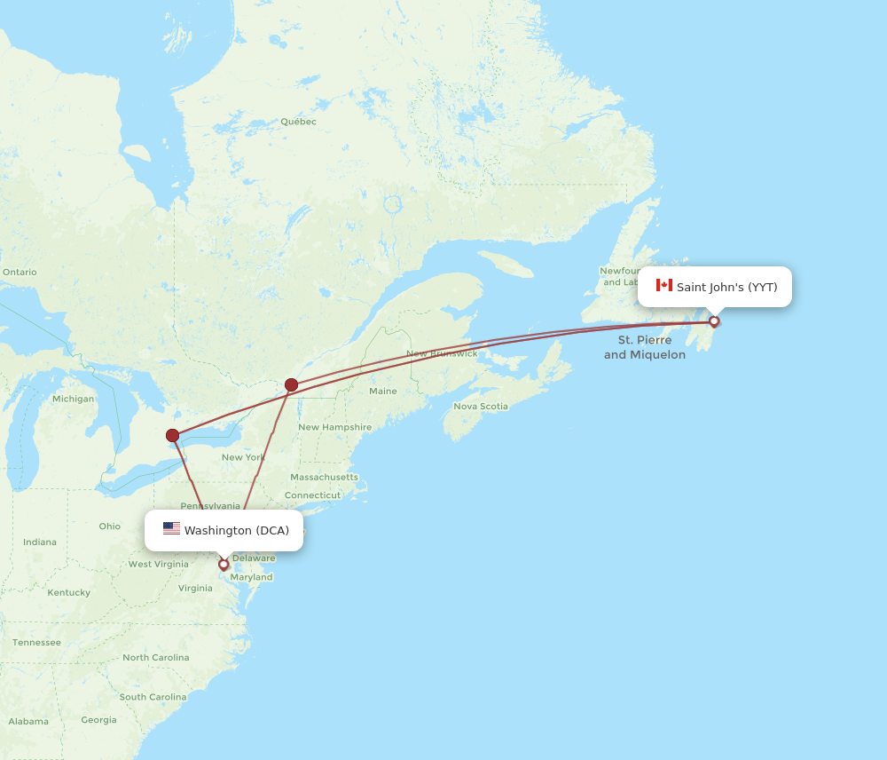 DCA to YYT flights and routes map