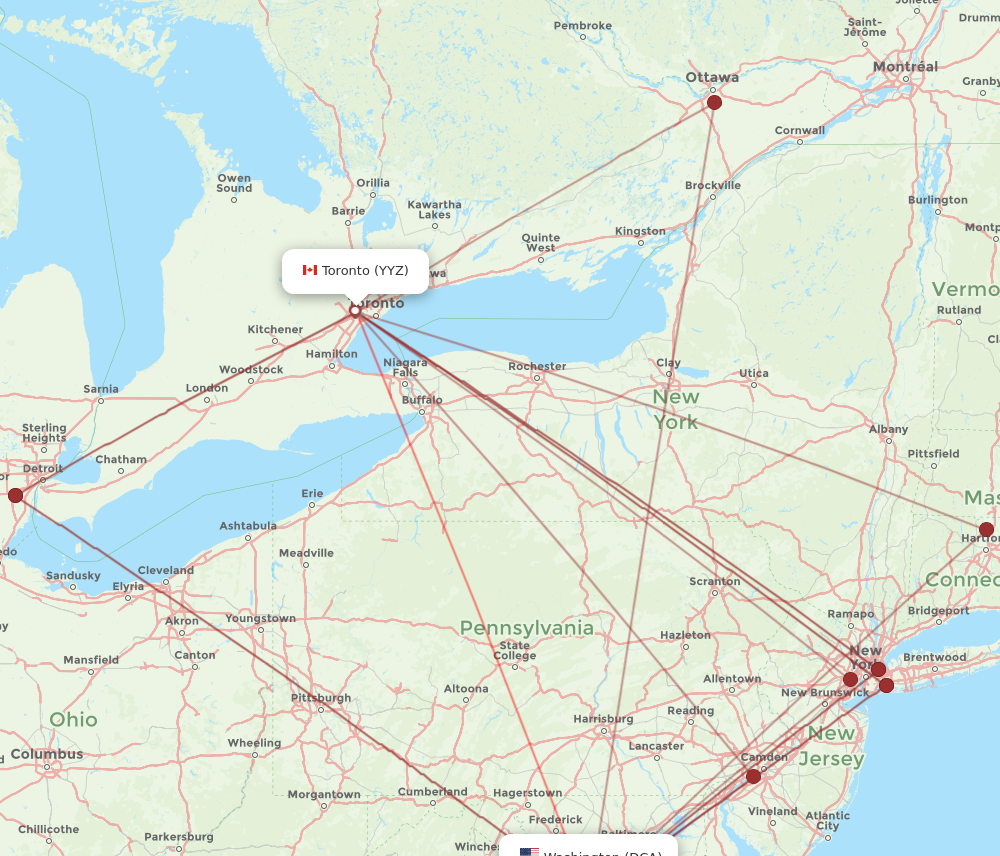 DCA to YYZ flights and routes map
