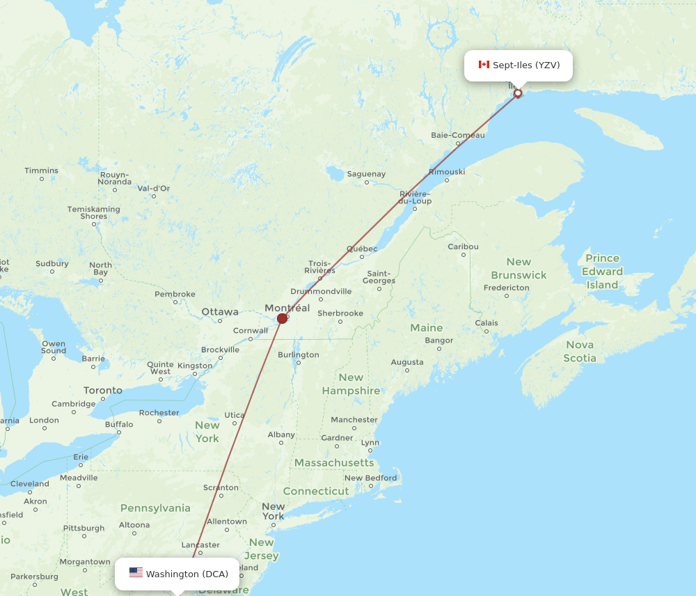 Sept-Iles - Washington route map and flight paths