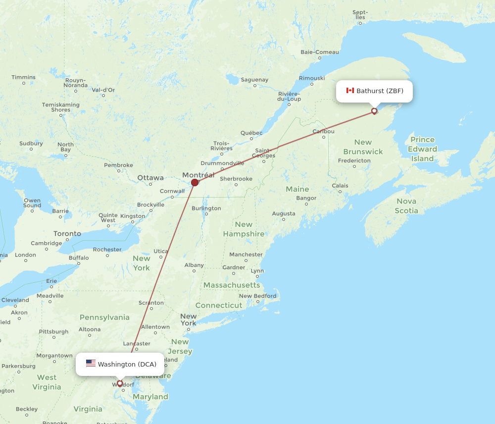 DCA to ZBF flights and routes map