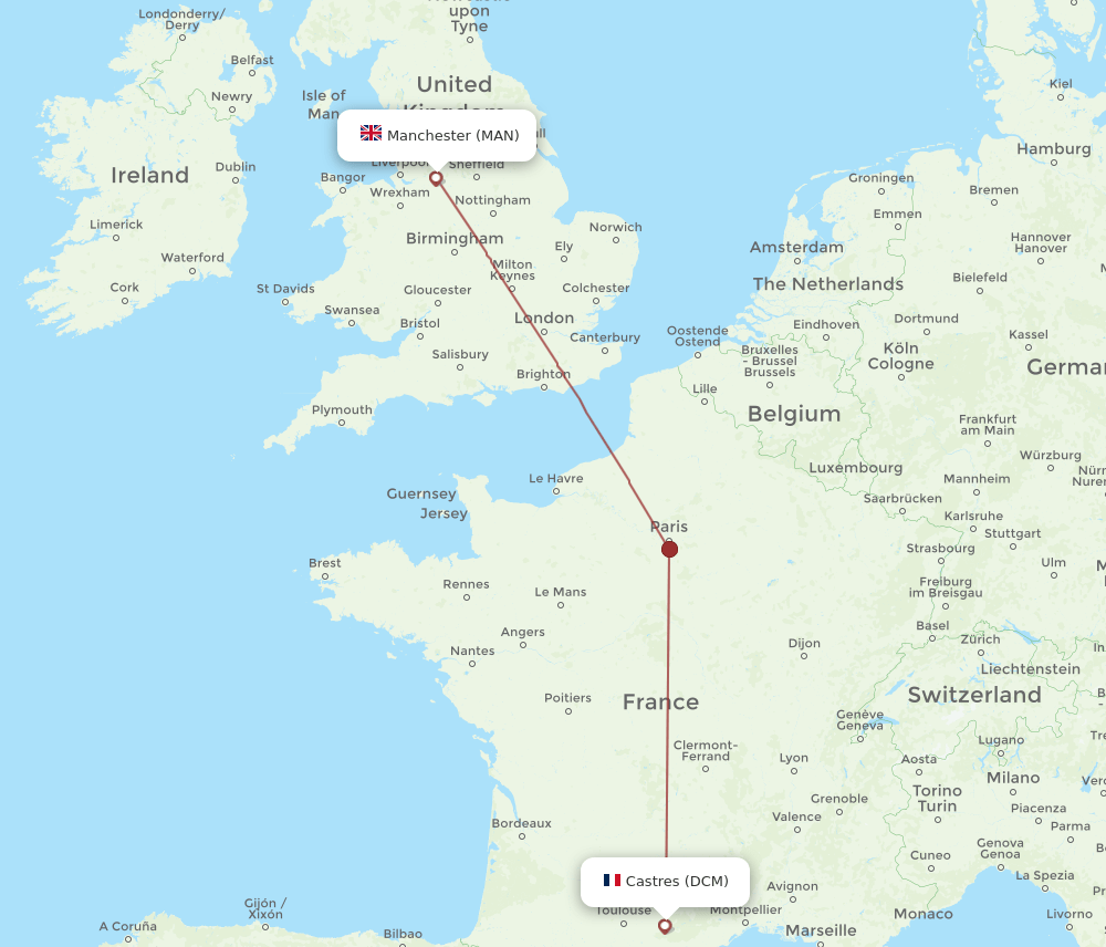Manchester - Castres route map and flight paths
