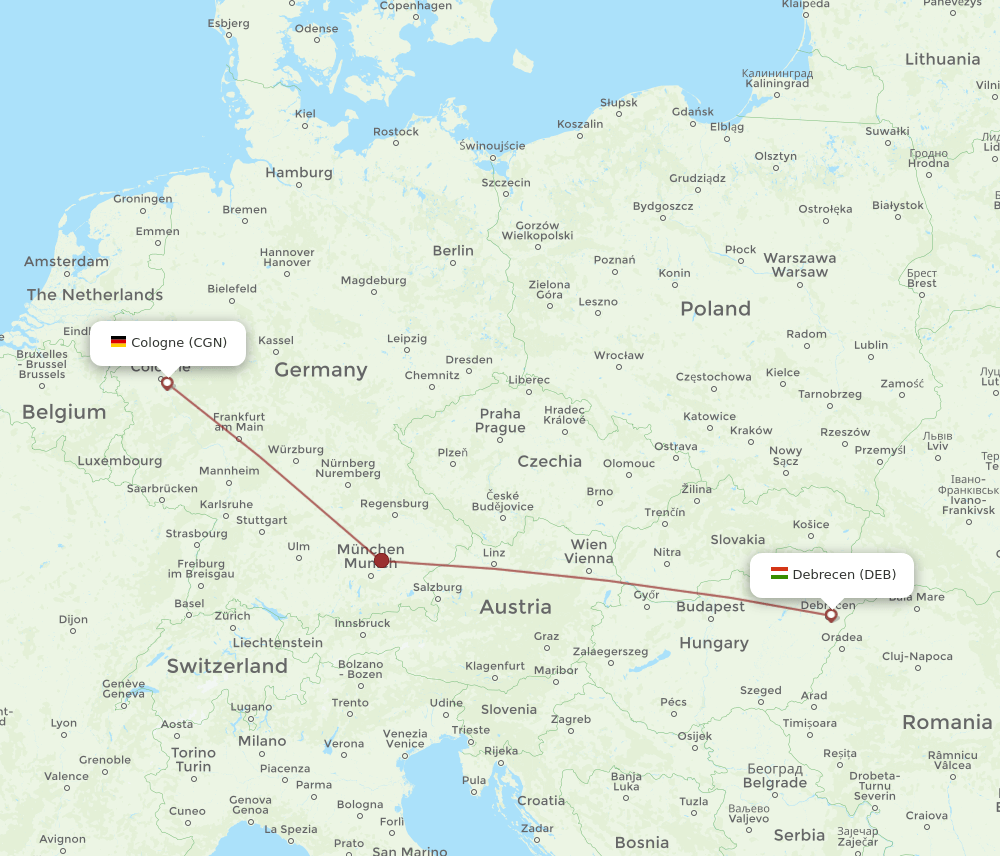 DEB to CGN flights and routes map