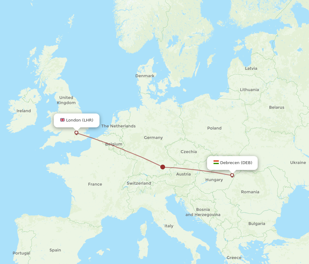 DEB to LHR flights and routes map