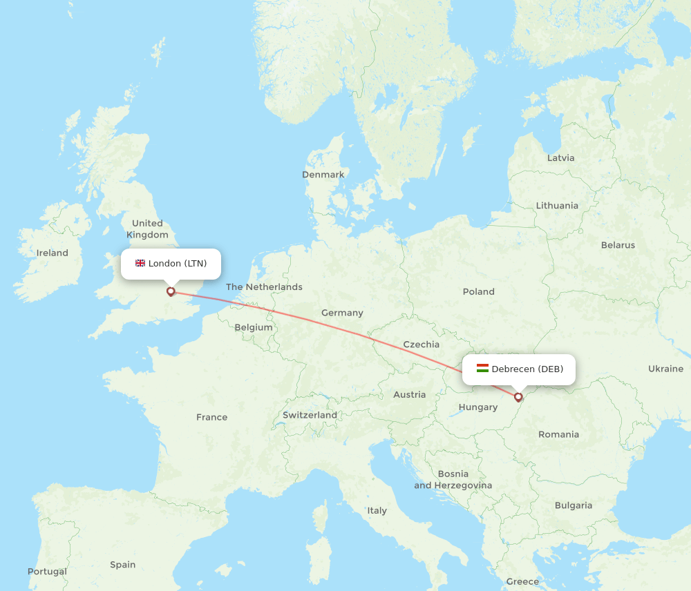 Debrecen - London route map and flight paths