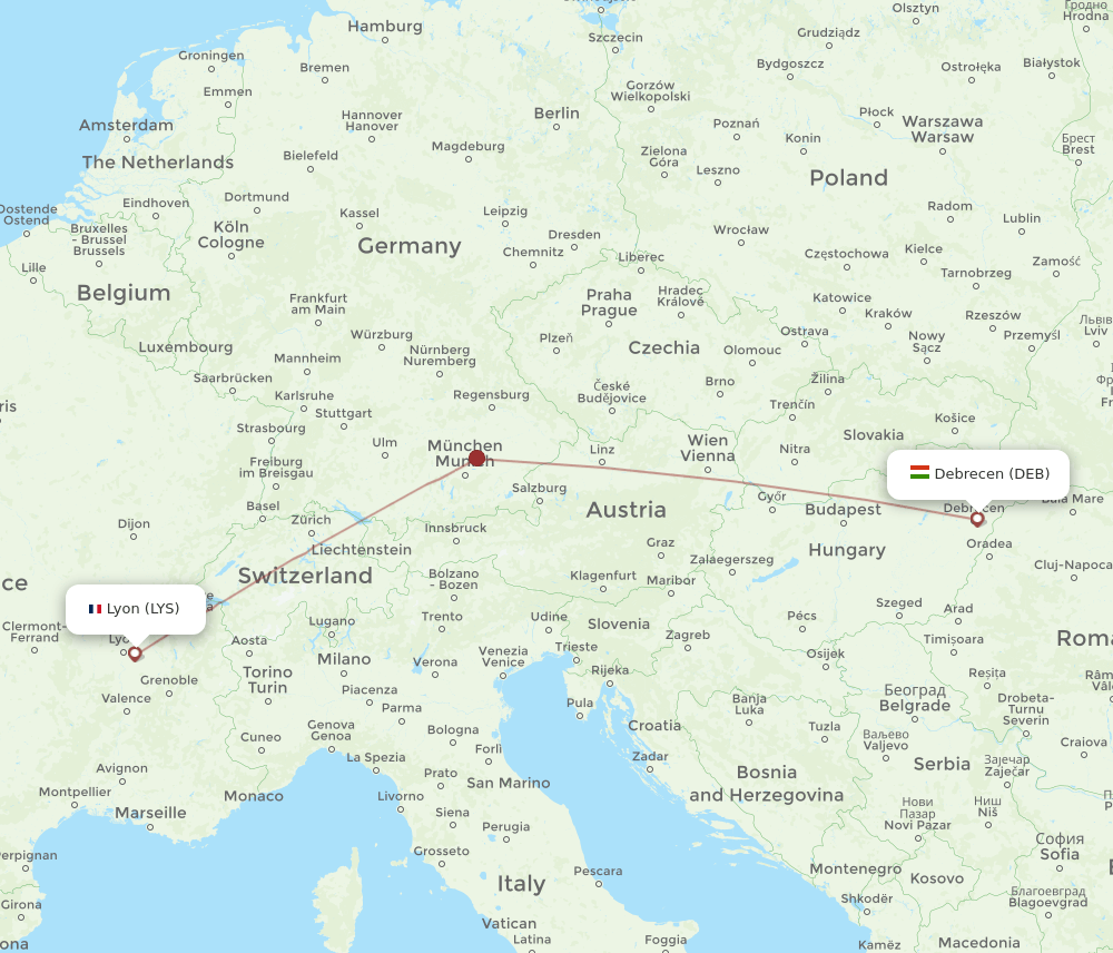 Debrecen - Lyon route map and flight paths