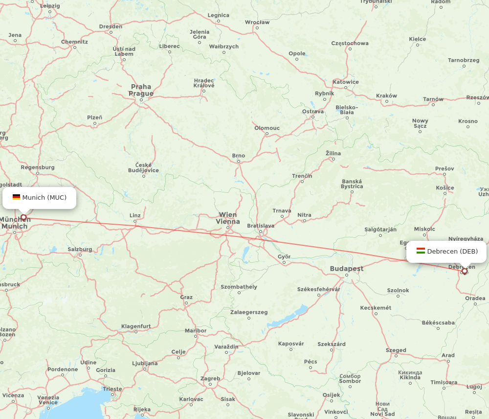 Debrecen - Munich route map and flight paths