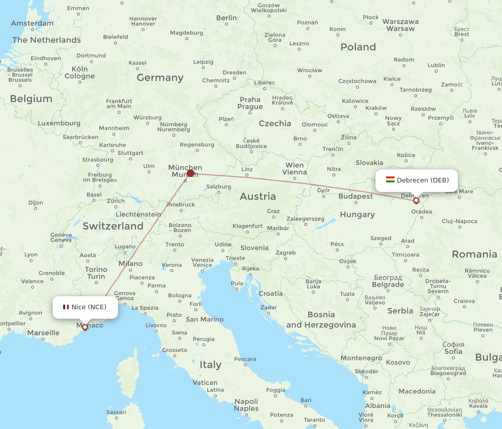 DEB to NCE flights and routes map