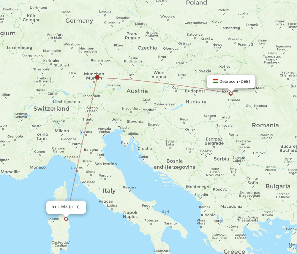 Olbia - Debrecen route map and flight paths