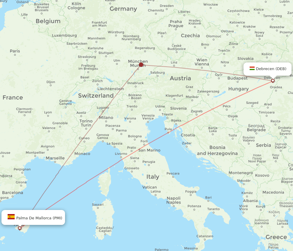Palma de Mallorca - Debrecen route map and flight paths