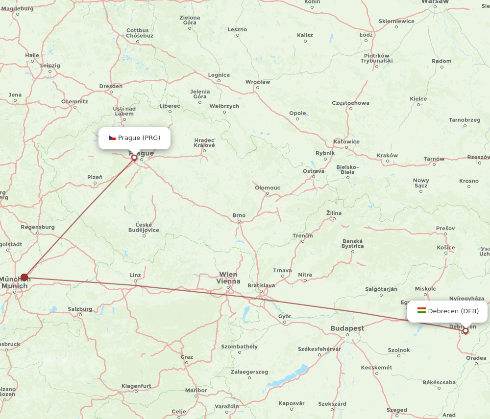 DEB to PRG flights and routes map