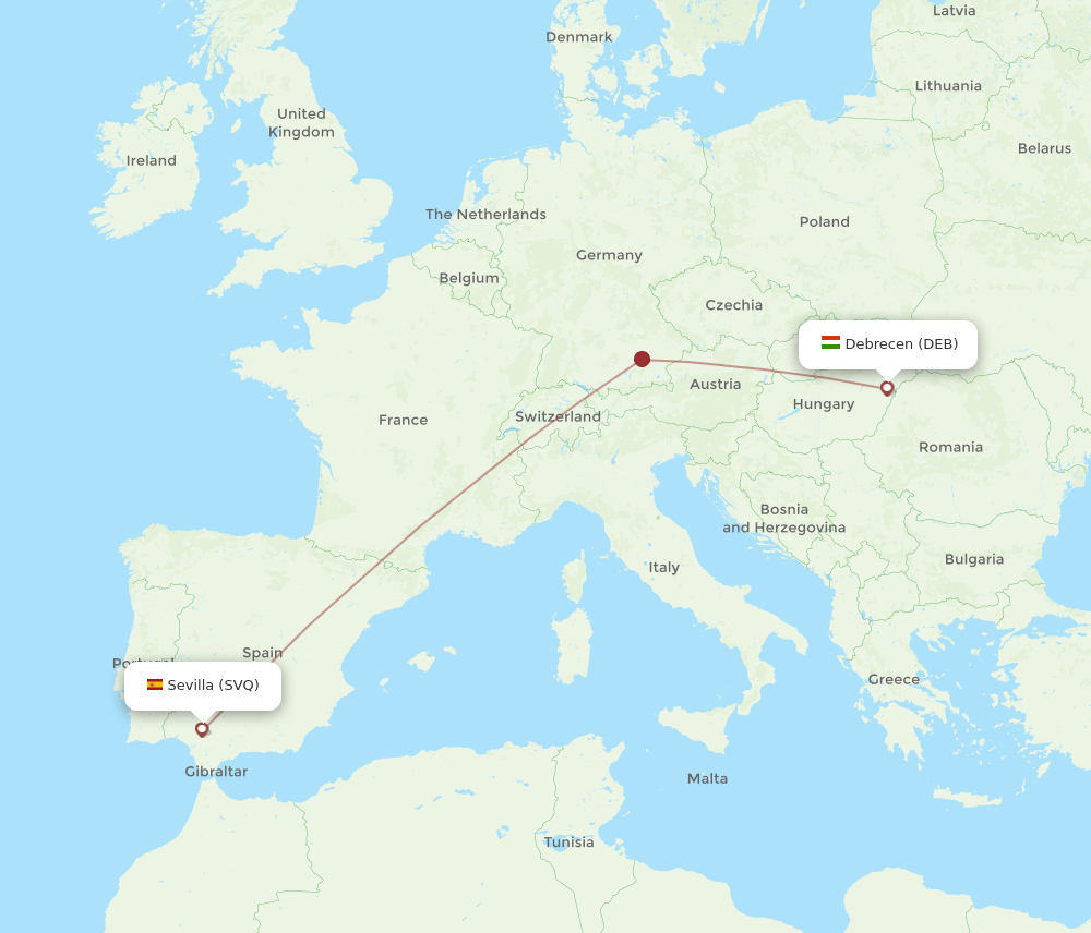 Sevilla - Debrecen route map and flight paths
