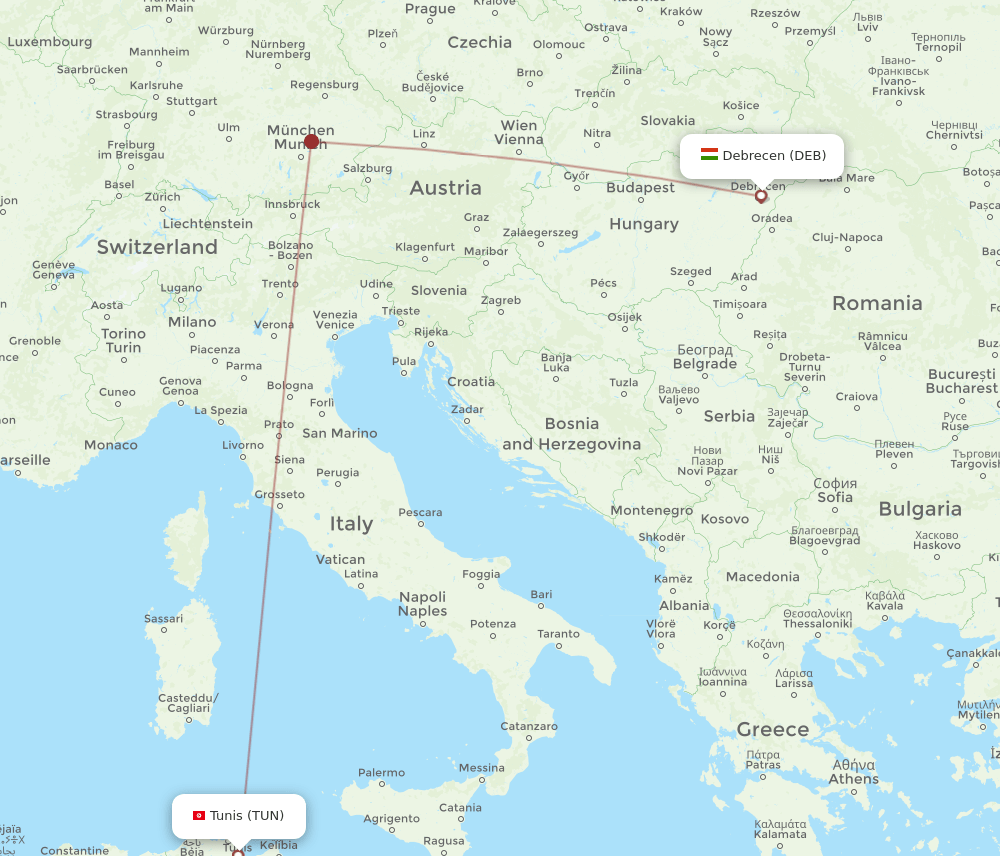 Tunis - Debrecen route map and flight paths