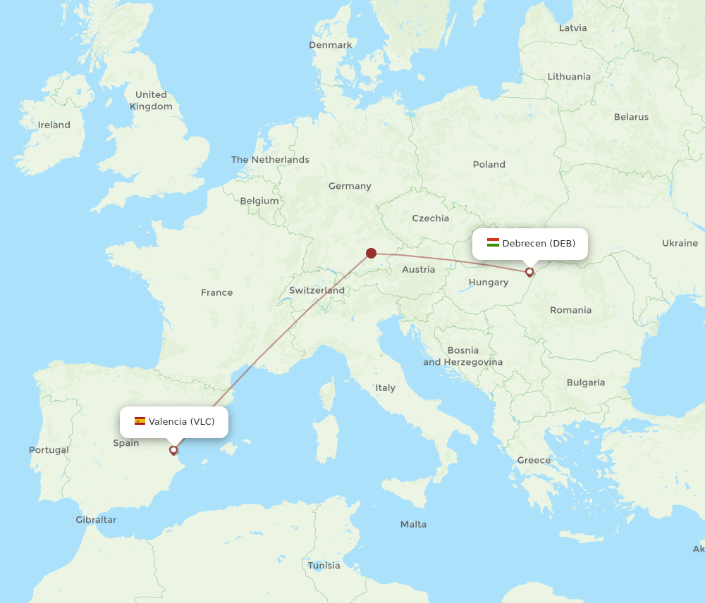 Valencia - Debrecen route map and flight paths