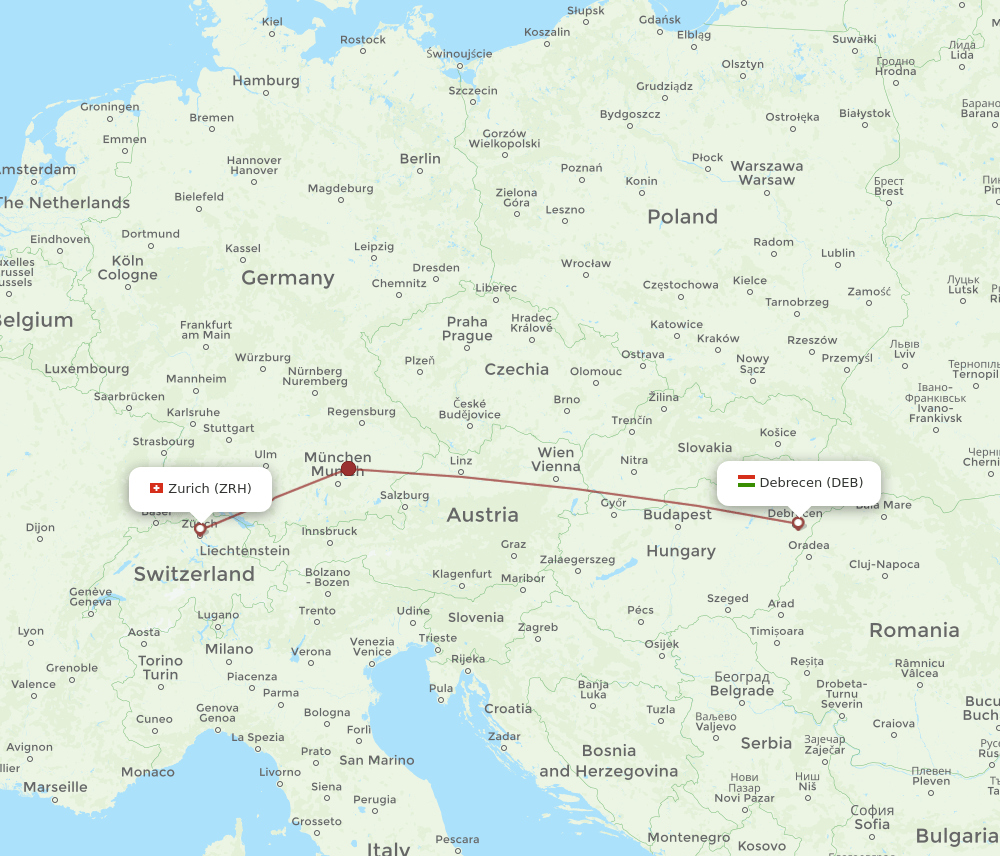 Zurich - Debrecen route map and flight paths