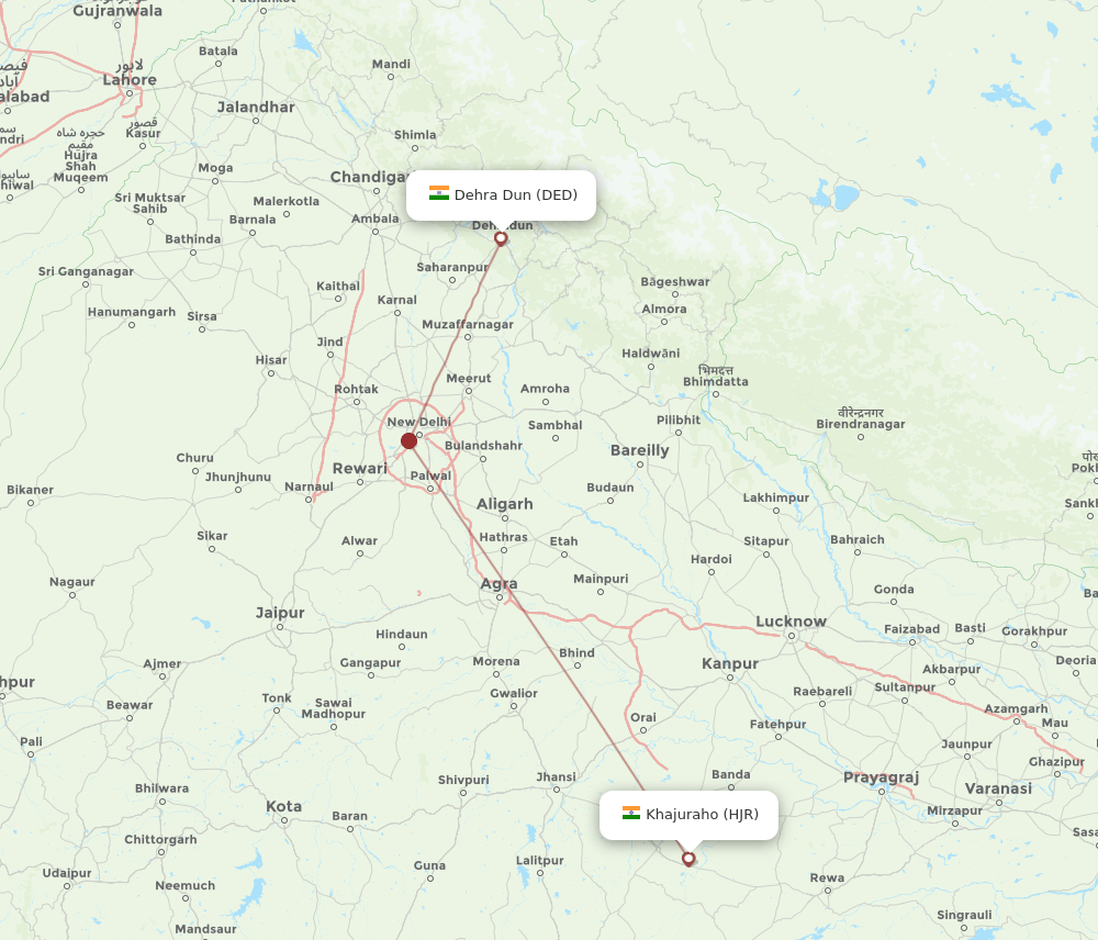 Khajuraho - Dehra Dun route map and flight paths