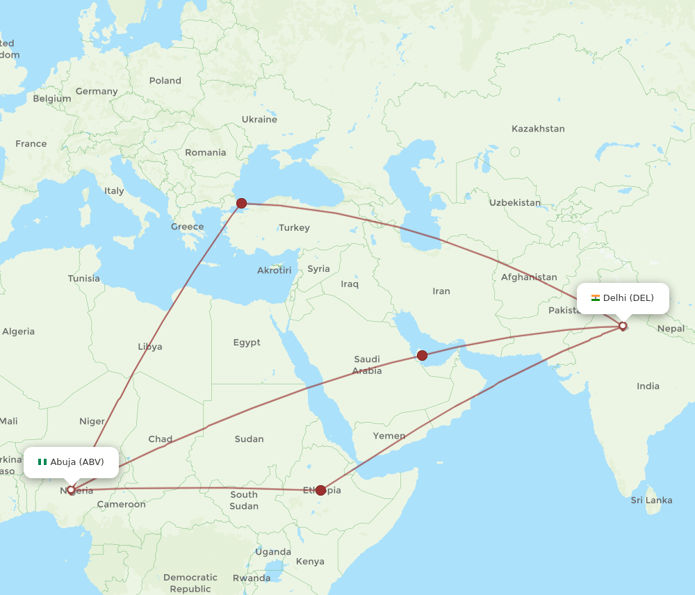 DEL-ABV flight routes
