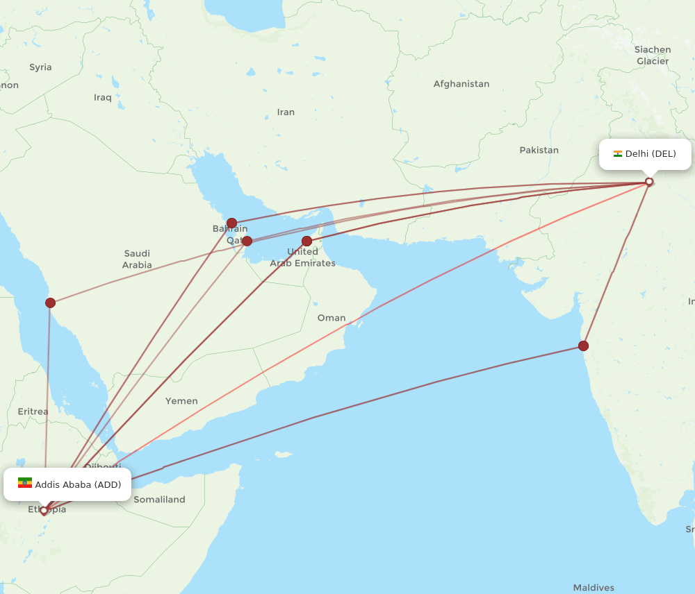 DEL to ADD flights and routes map