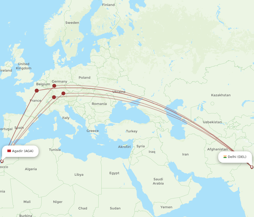 DEL-AGA flight routes