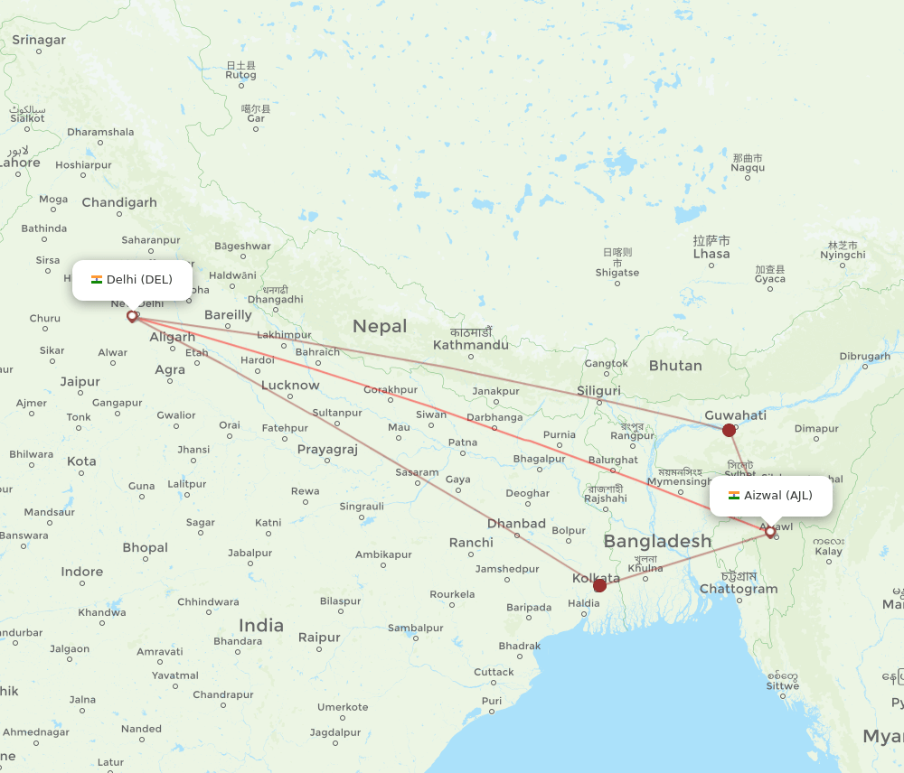 DEL to AJL flights and routes map