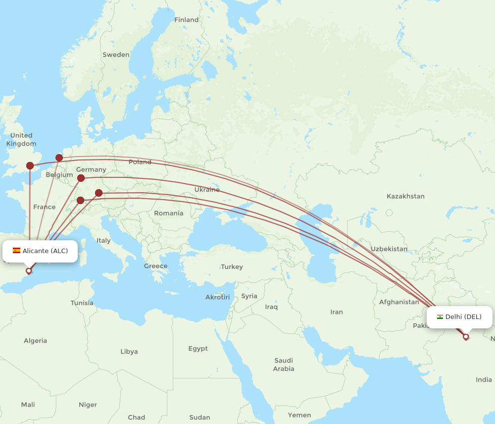 DEL-ALC flight routes
