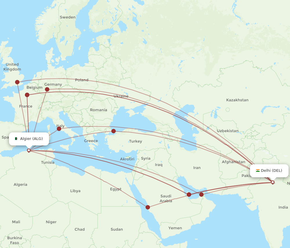 DEL to ALG flights and routes map