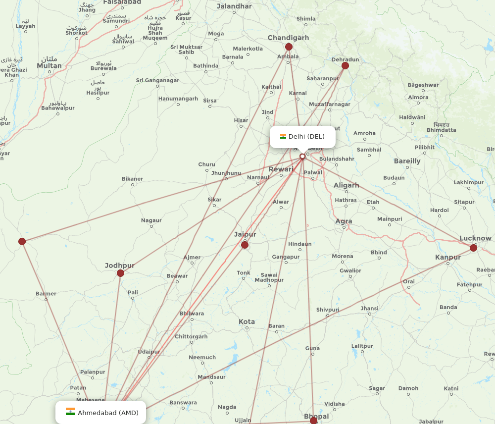 DEL to AMD flights and routes map