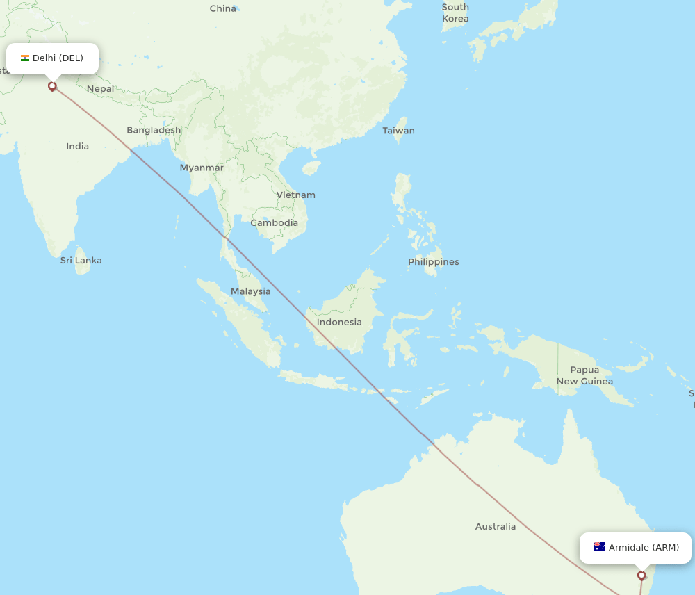 Delhi - Armidale route map and flight paths