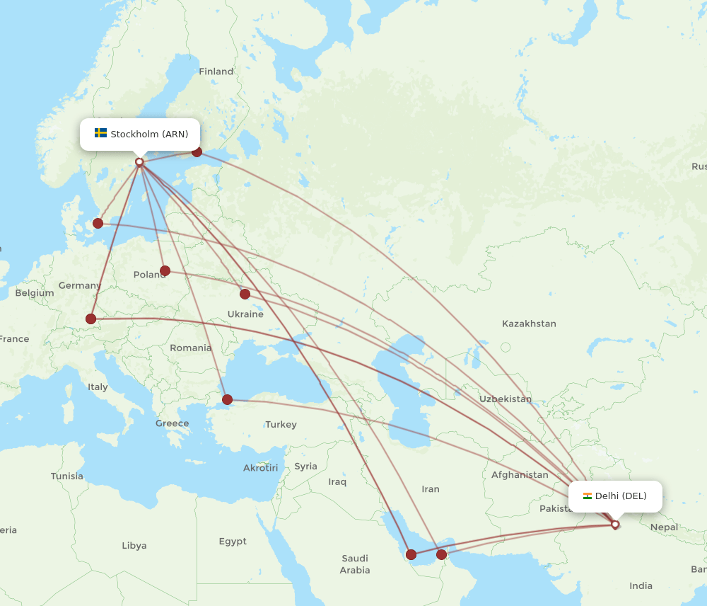 DEL to ARN flights and routes map
