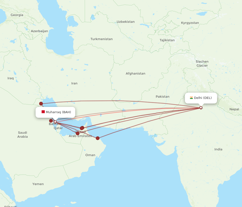 DEL to BAH flights and routes map
