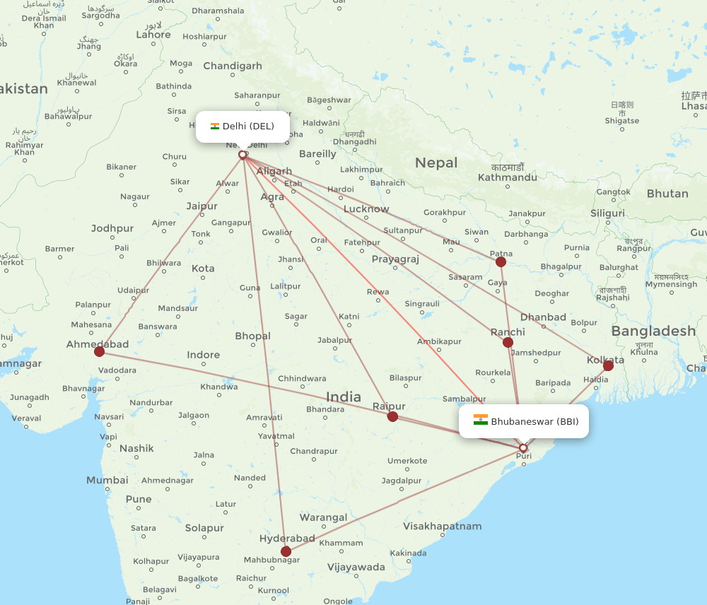 DEL-BBI flight routes