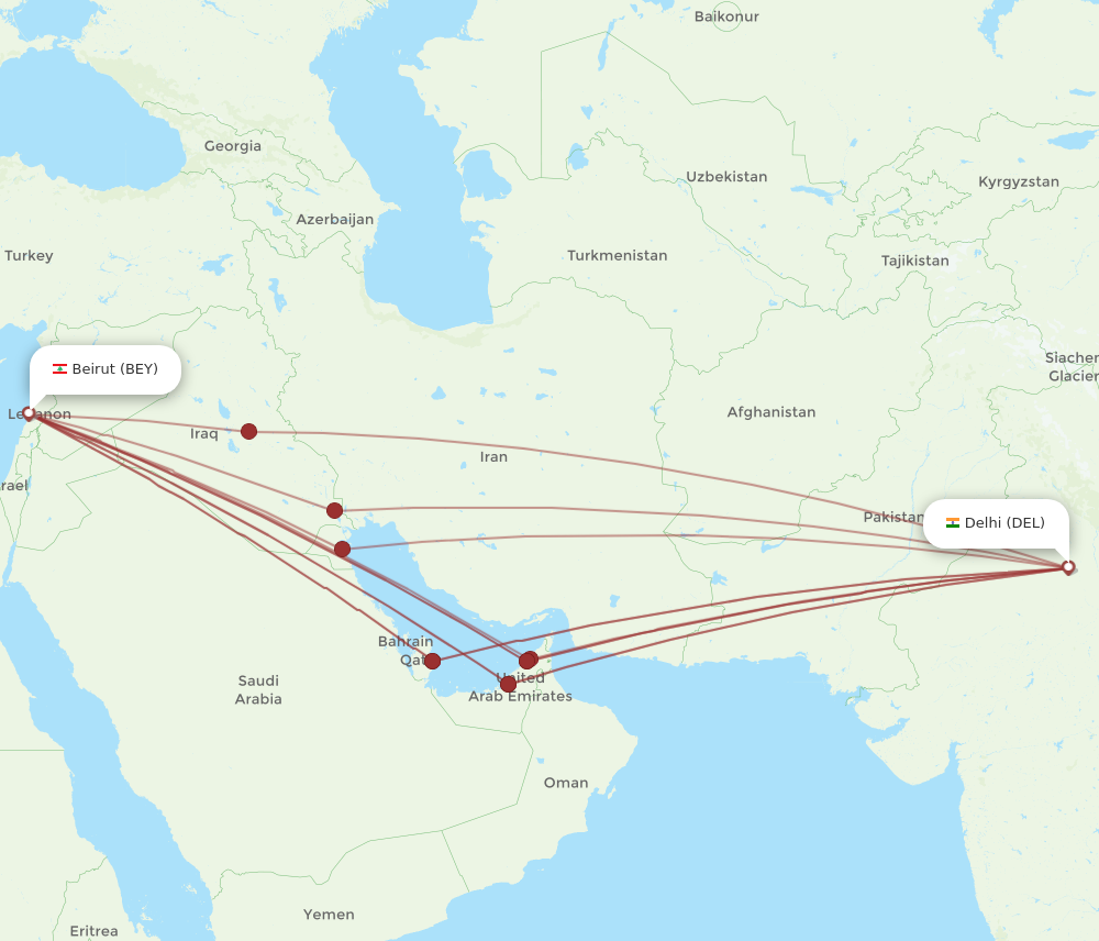 DEL to BEY flights and routes map