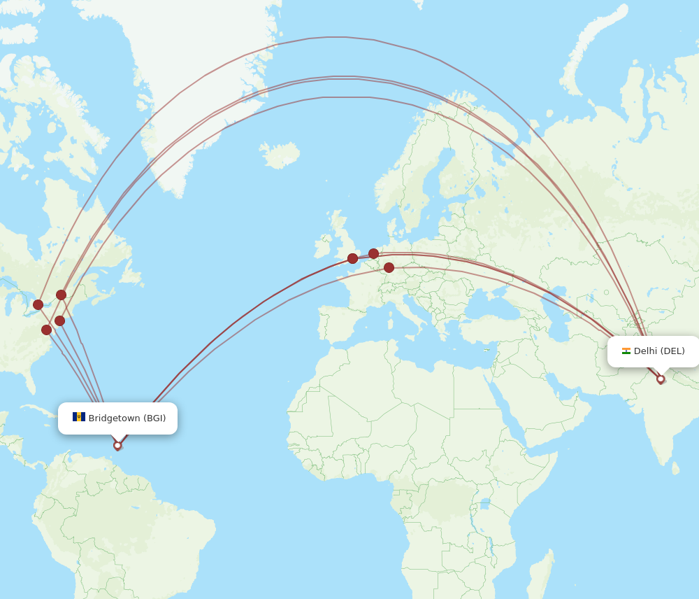 DEL to BGI flights and routes map