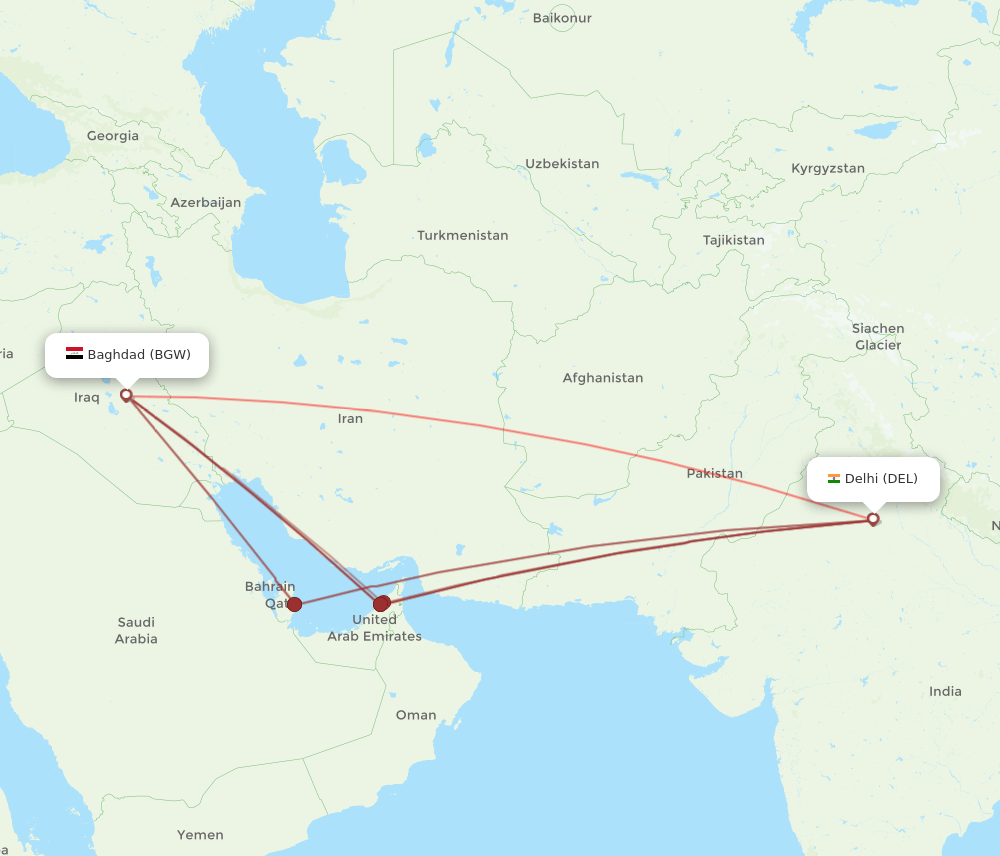 DEL to BGW flights and routes map