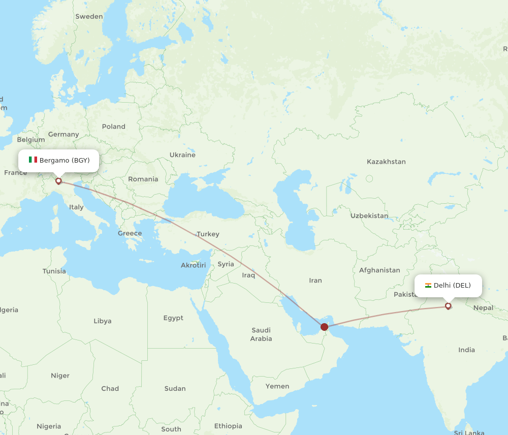 Milan - Delhi route map and flight paths