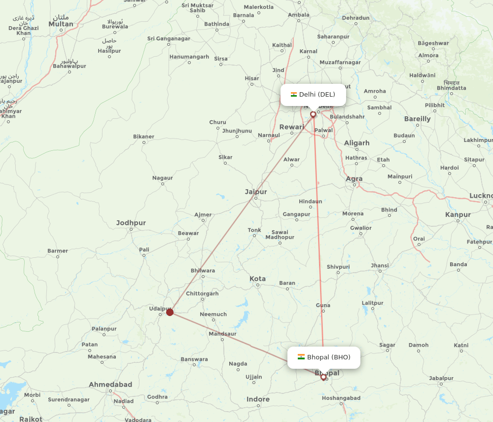 Delhi - Bhopal route map and flight paths