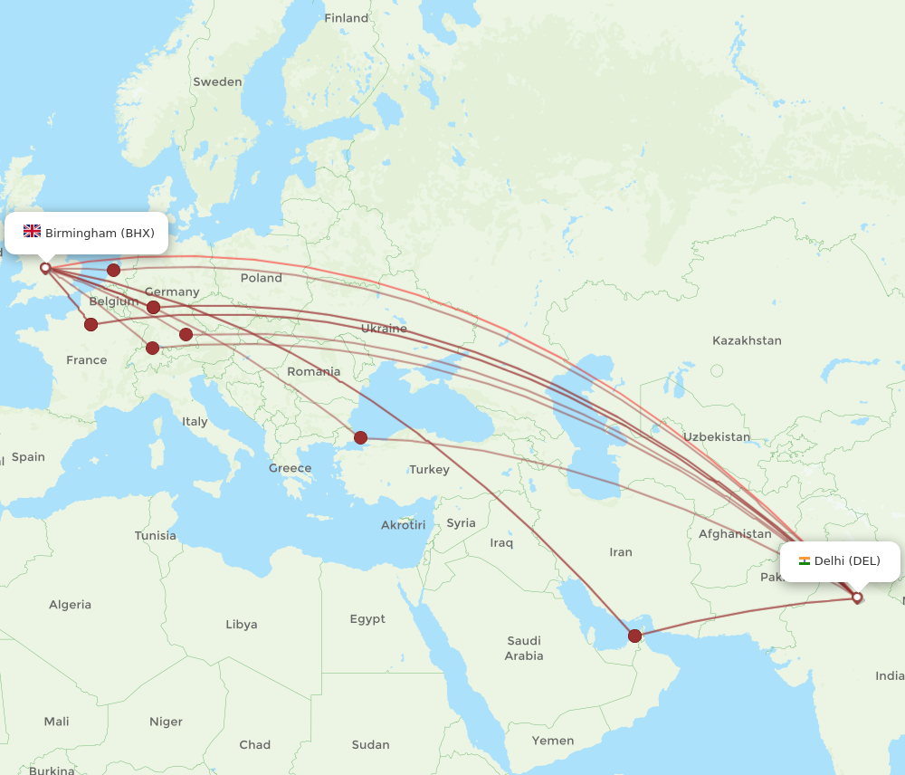 DEL to BHX flights and routes map