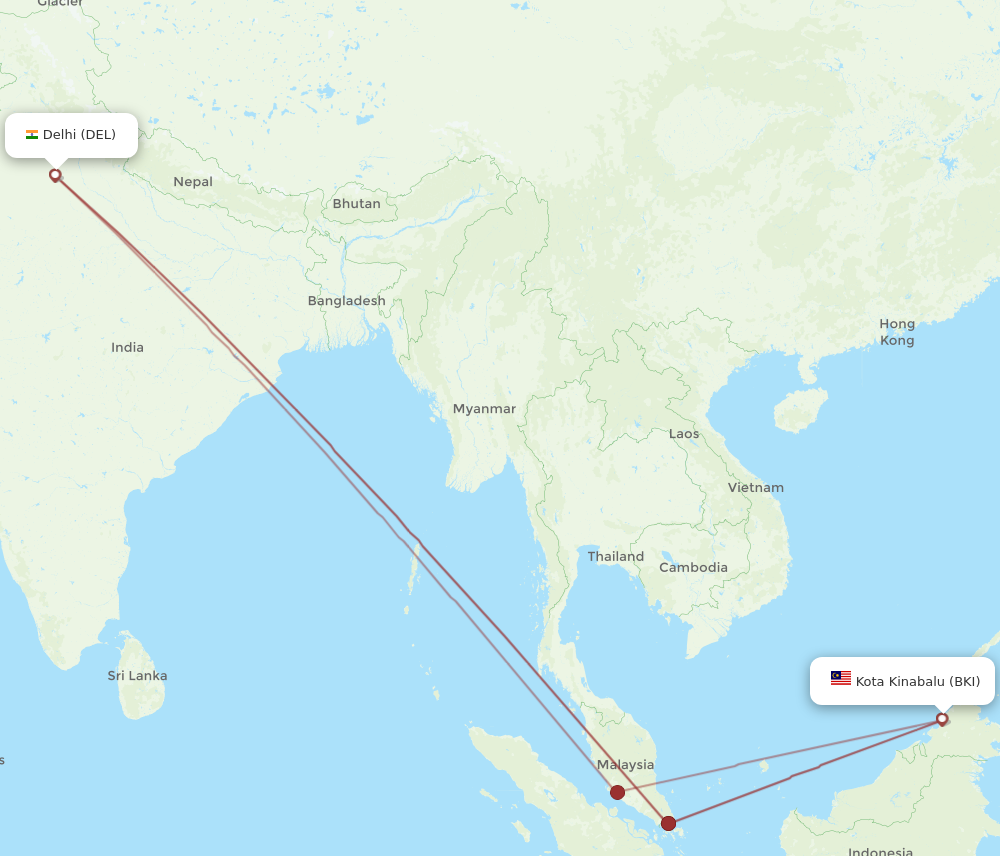 DEL to BKI flights and routes map