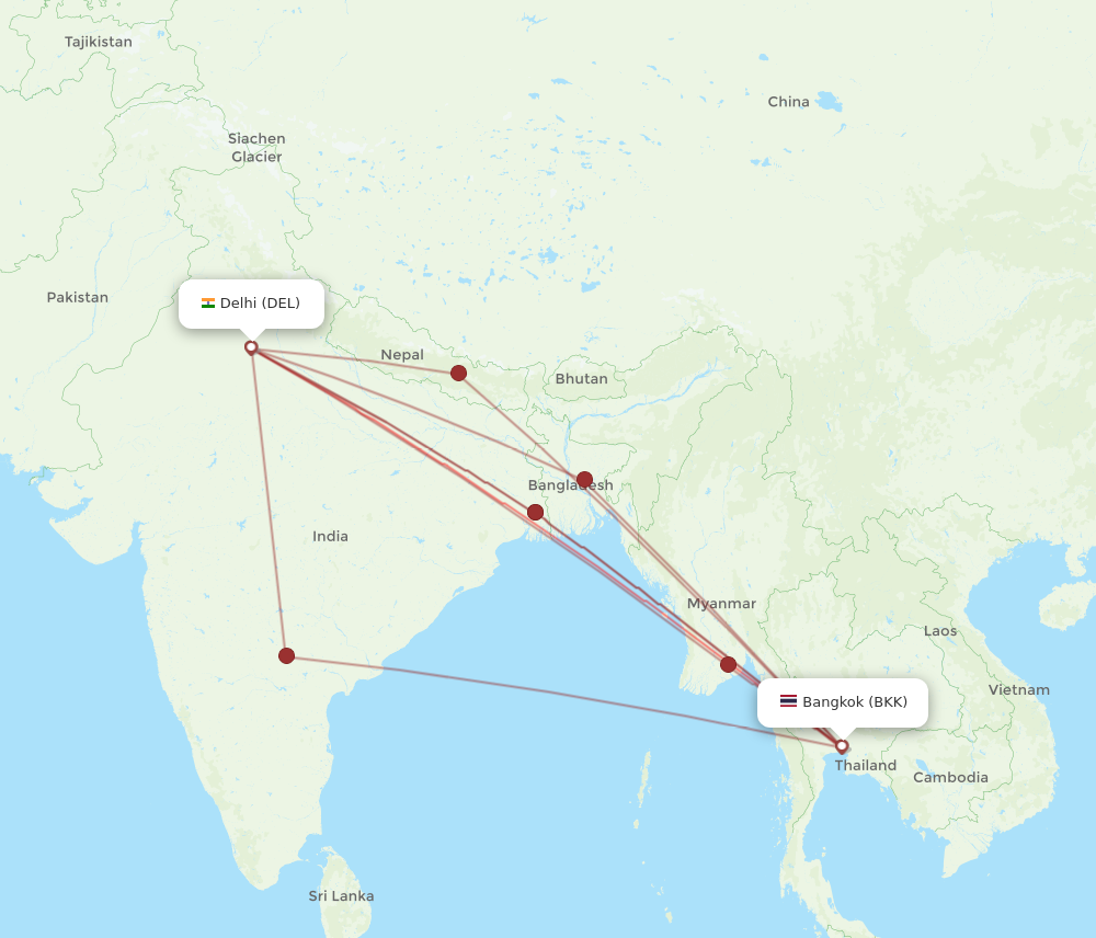 DEL to BKK flights and routes map