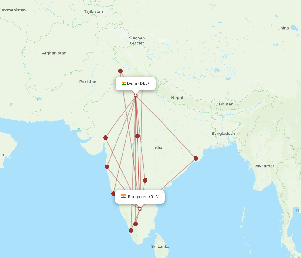 DEL to BLR flights and routes map