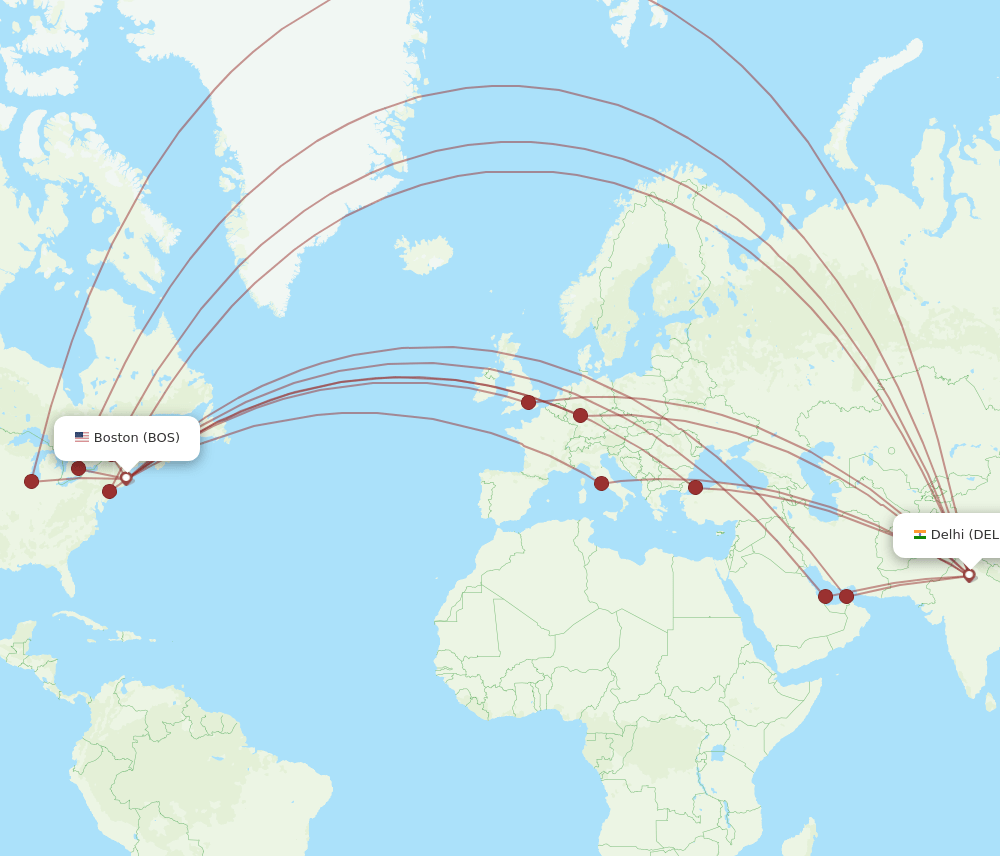 DEL to BOS flights and routes map
