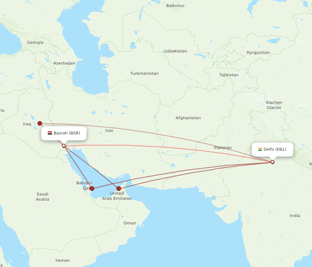 DEL-BSR flight routes