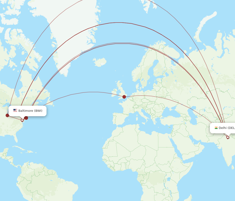 DEL to BWI flights and routes map