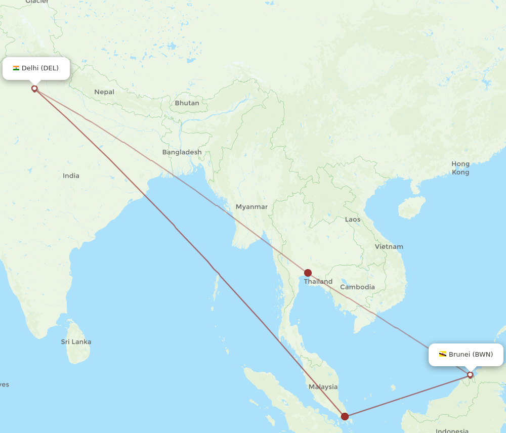 DEL to BWN flights and routes map