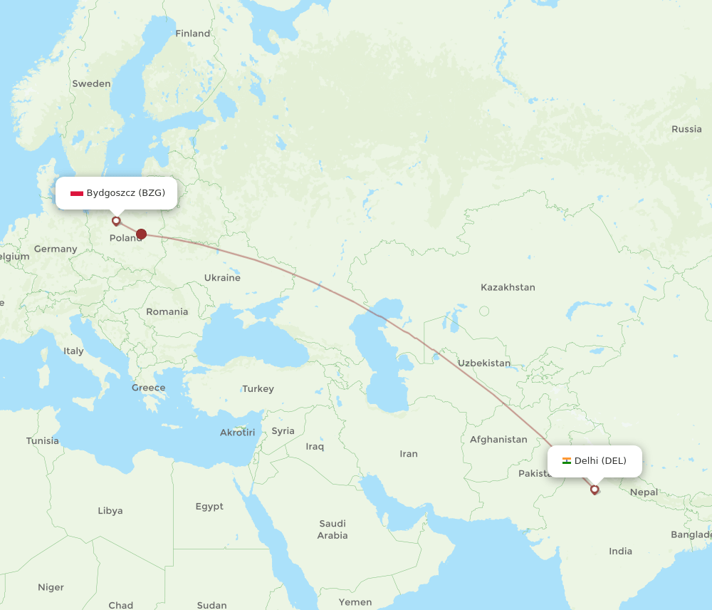 DEL to BZG flights and routes map