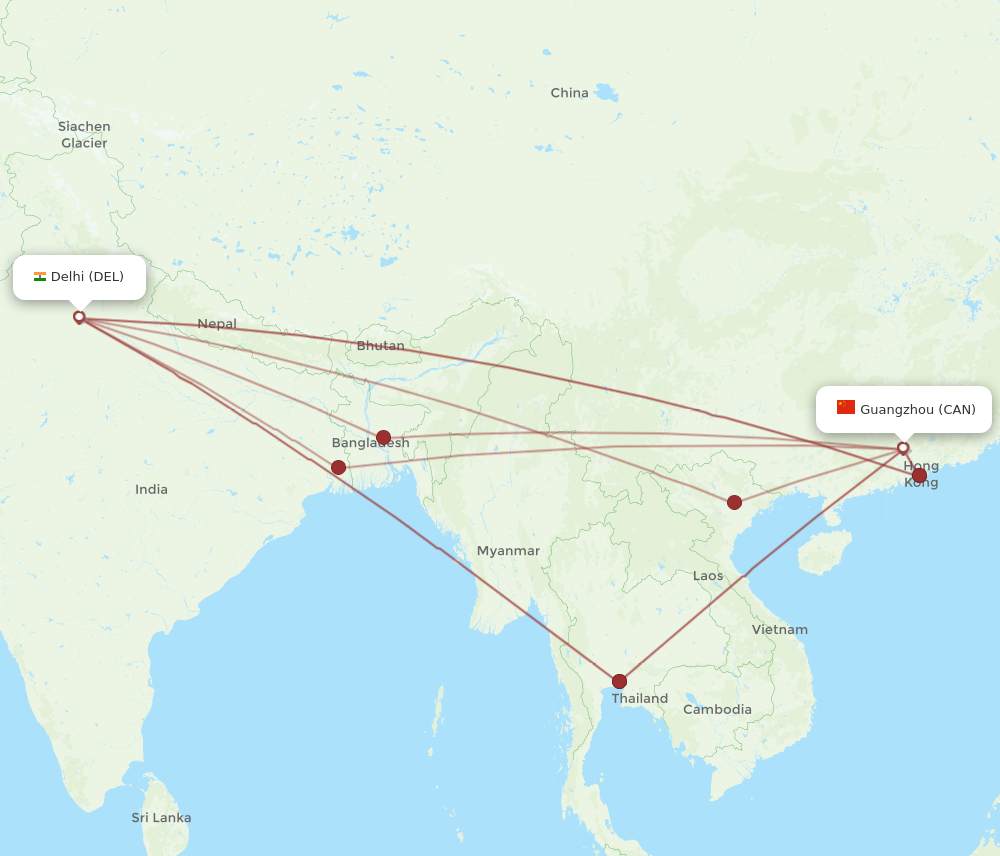 DEL to CAN flights and routes map