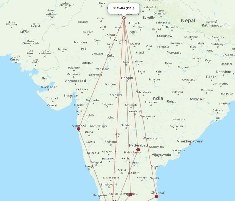 DEL to CCJ flights and routes map